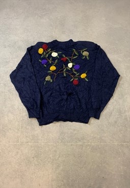 Vintage Knitted Jumper 3D Flower Patterned Knit Sweater