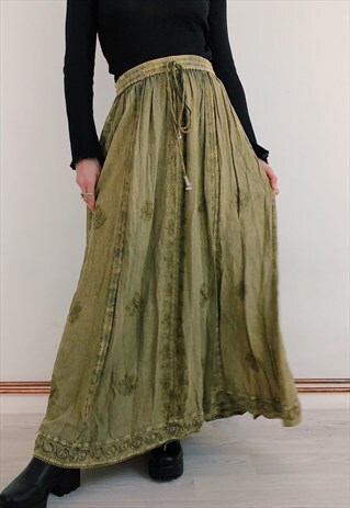 90S VINTAGE BOHO HIPPY DISTRESSED FLORAL GREEN MAXI SKIRT