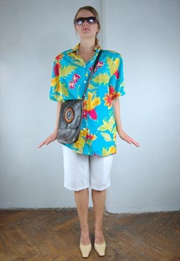 Vintage 90's Bright Turquoise Baggy Festival Summer Blouse 