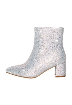 Rhinestone Pointed Toe Chunky Heel Ankle Boots