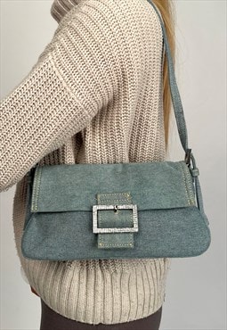 y2k MNG Light Denim Diamante Buckle Small Shoulder Bag