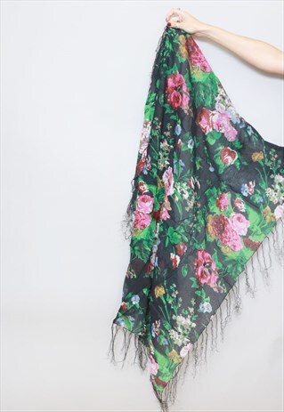 VINTAGE 1970'S BLACK FLORAL PRINT TASSELED SCARF