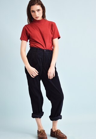 90'S RETRO OVERSIZED NAVY BLUE CORDUROY HIGH WAIST TROUSERS