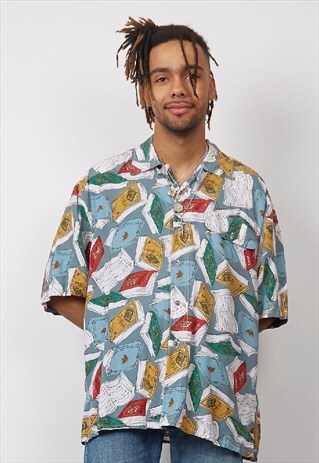 VINTAGE 80'S BOOK PRINT SHORT-SLEEVE SHIRT