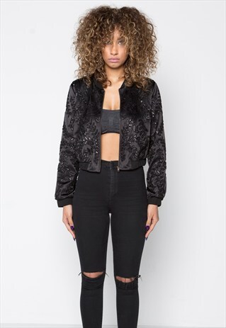 QUILLATTIRE CROPPED FULL EMBELLISHED BLACK BOMBER JACKET