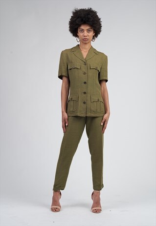 VINTAGE 80'S SAGE GREEN LINEN SHIRT/TROUSER CO-ORD