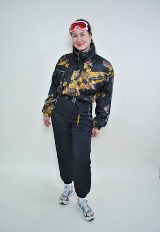 ONE PIECE BLACK SKI SUIT, RETRO 80S WOMEN SNOW SUIT, SIZE M