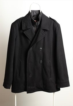 Vintage Wool Button&Full Zip Stand Collar Black Coat Men XL