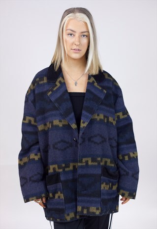 VINTAGE 90'S COSY BLOCK PATTERNED FLEECE JACKET