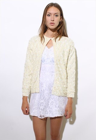 VINTAGE 1950'S 50'S CREAM SEQUIN TROPHY CARDIGAN SWEATER S-M