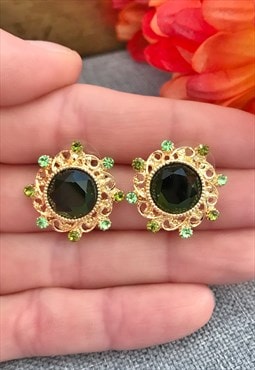 Gold & Green Large Stud Earrings