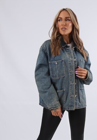 VINTAGE OLD NAVY DENIM JACKET OVERSIZED CHECK UK 14 (FUAA)