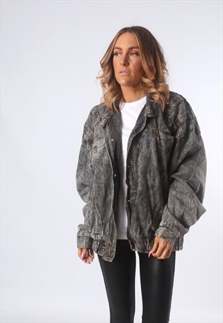 FADED BLACK ACID WASH DENIM JACKET OVERSIZED UK 18 (EAY)
