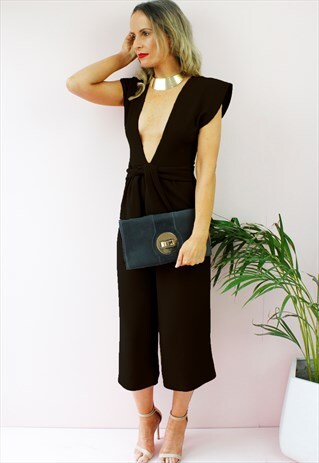 BLACK PLUNGE SLEEVELESS WIDE CULOTTES PALAZZO JUMPSUIT