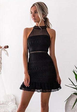 HIGH NECK LACE CROCHET DRESS IN BLACK