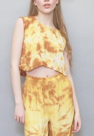 VINTAGE 1970'S HIPPY MUSTARD YELLOW TIE DYE CROP TOP