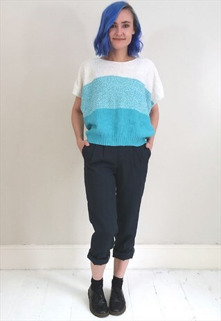 VINTAGE 80'S CYAN BLUE AND WHITE STRIPPED KNIT TOP