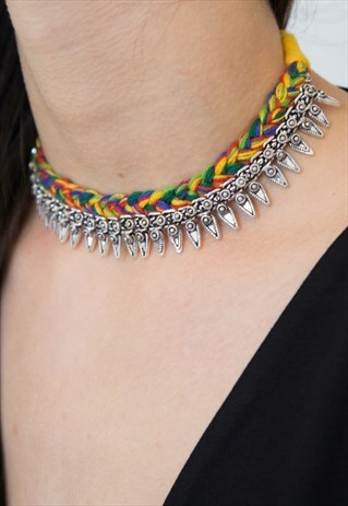 STATEMENT YELLOW & SILVER BOHO CHOKER NECKLACE ADJUSTABLE