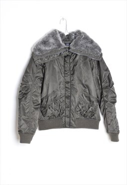 Y2K Khaki Shell Parachute Style Faux Fur Womens Jacket