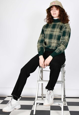 BEAUTIFUL GREEN CHECK CHUNKY CROPPED KNITTED WOOL JUMPER