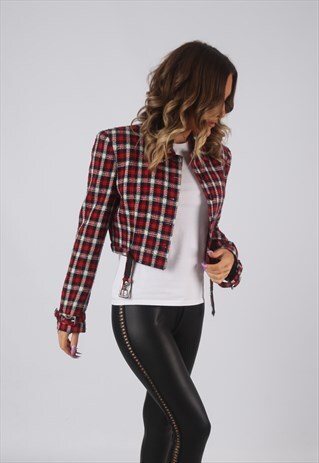 CROPPED WOOL CHECKED JACKET PATTERNED UK 8 (AW4L)