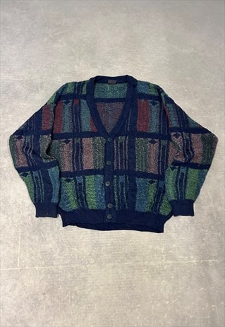 VINTAGE ABSTRACT KNITTED CARDIGAN PATTERNED GRANDAD SWEATER