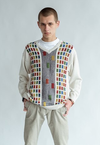 VINTAGE 80S FUNKY V-NECK JUMPER WITH PATTERN