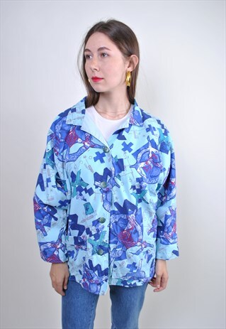 FUNNY BLUE ABSTRACT BUTTONS JACKET, 80S RAVE BLAZER, SIZE M