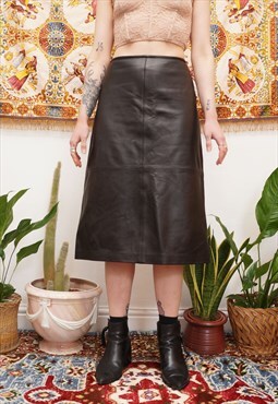 Vintage 90s Real Leather Goth Midi Skirt in Black