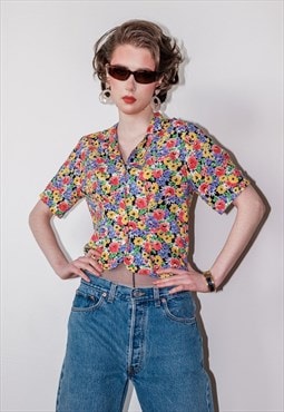 Vintage 80s floral multi color crop blouse