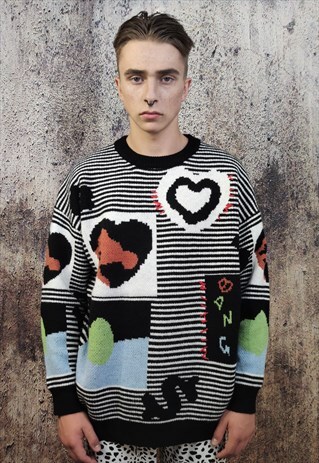 HEART PATTERN SWEATER HORIZONTAL STRIPE TOP LOVE KNIT JUMPER