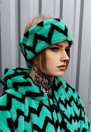 FLEECE HEADBAND LUXURY FLUFFY HEAD COVER STRIPE PRINT GREEN