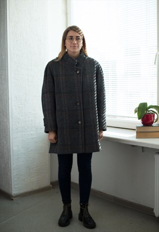 VINTAGE 80'S GREY/BROWN STRIPED WOOL COAT