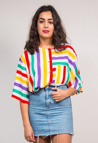 VINTAGE 90'S BRIGHT CANDY STRIPED SHORT SLEEVE SHIRT