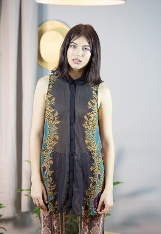 BLACK SHEER PRINTED POLYESTER SHIRT