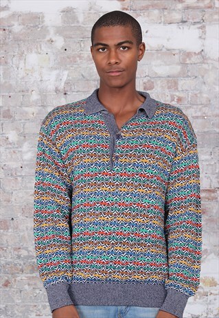 VINTAGE MISSONI BUTTON UP COLLAR JUMPER GREY MULTI