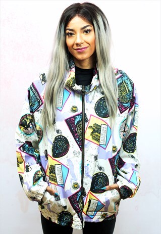 1990S VINTAGE POSTCARD PRINT SILK SUPER SOFT BOMBER JACKET