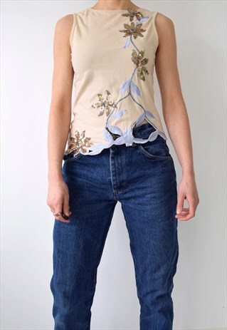 VINTAGE Y2K SEQUIN FLORAL EMBROIDERED SLEEVELESS TANK TOP