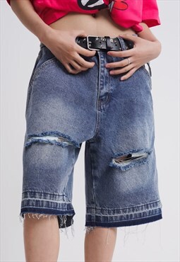 Ripped board denim shorts cropped jean skater pants in blue