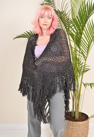 Y2K CROCHET KNIT HIPPY BOHO SUMMER PICNIC SHAWL BLACK
