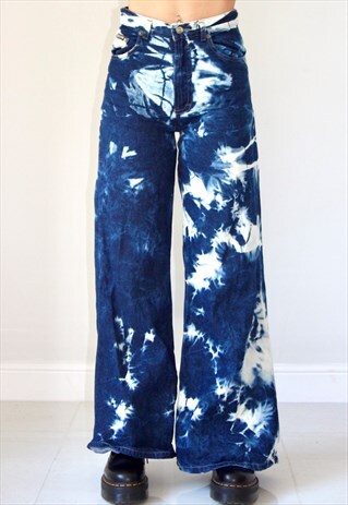 REWORKED DENIM Y2K BLEACHED WIDE LEG FLARED TIE DYE JEANS