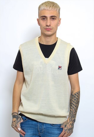 VINTAGE FILA SLEEVELESS SWEATER YELLOW LARGE