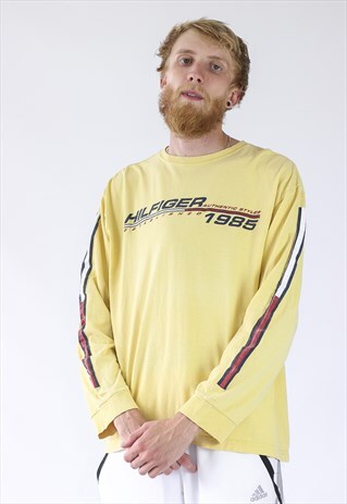VINTAGE MENS TOMMY HILFIGER BIG LOGO LONG SLEEVE T-SHIRT TOP