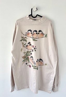 Vintage bird beige nature flower long sleeve T-shirt XL 