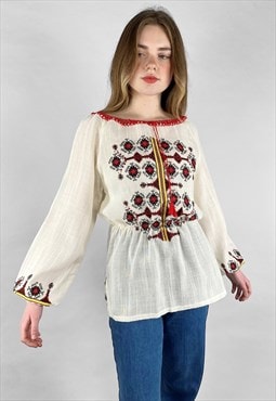 70's Cream/White Bell Sleeve Embroidery Vintage Blouse 