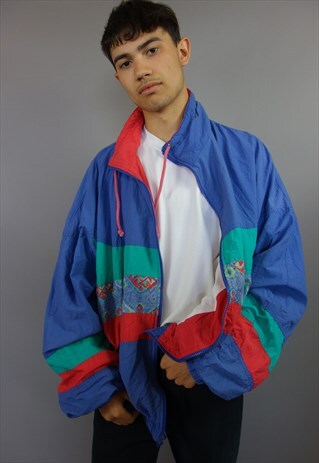 80'S LILAC, GREEN & RED AZTEC PATTERN BAT WING JACKET