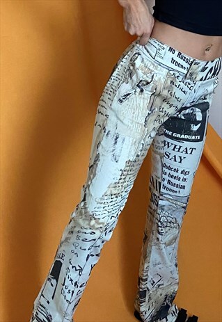 VINTAGE 90S RARE GRAPHIC PRINT Y2K STYE NEWSPAPER FLARES
