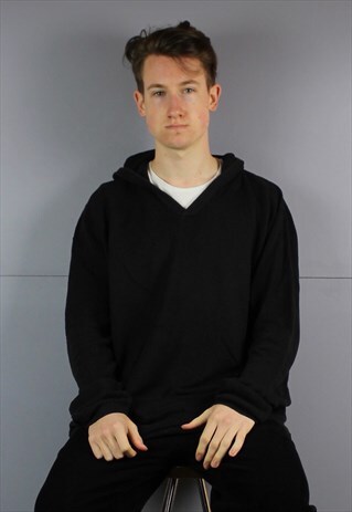 VINTAGE CALVIN KLEIN WAFFLE KNIT HOODIE IN BLACK WITH LOGO.