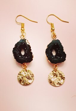 Black druzy with gold charm earrings