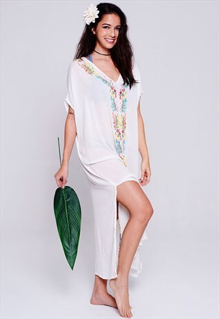 MANDALA EMBROIDERED SPLIT SIDES KAFTAN WHITE
